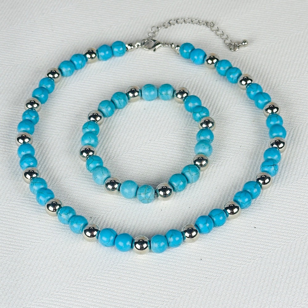 Boho Turquoise Blue Beaded Necklace and Bracelet Silver Tone Accents Adjustable